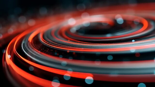 Vibrant swirling red and black patterns with blue bokeh lights creating a dynamic abstract background