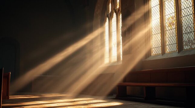Sunlight beams streaming through stained glass windows inside old church sanctuary