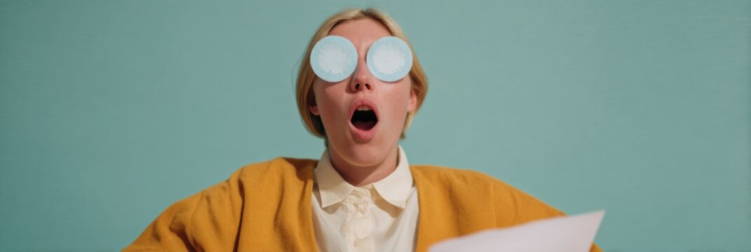 Young employee yawning with fake eyes on paper stickers at office desk for workplace humor and employee wellness burnout campaign, plain background with copy space