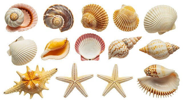 Collection of seashells and starfish isolated on transparent background