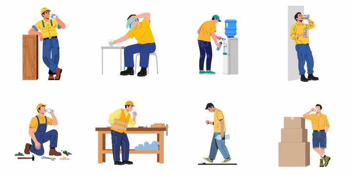 Workers taking essential water breaks for hydration and health in various demanding job environments.
