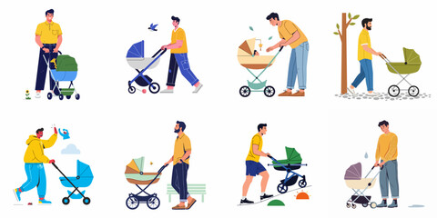 Fototapeta premium Fathers and Baby Strollers Collection: Dads Enjoying Parenthood, Walking, and Caring for Infants in Various Daily Activities