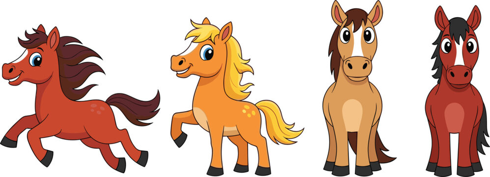 Cute Cartoon Horse Characters Set with Brown and Yellow Ponies Farm Animal Vector Illustration Collection