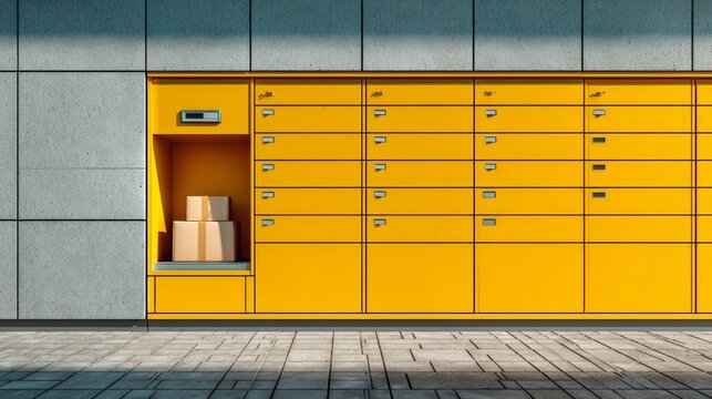 Wide angle view of parcel locker wall showing open compartment with cardboard box in modern urban setting
