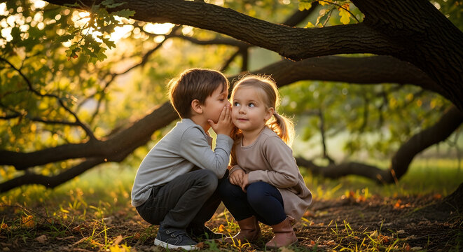Two small children crouching in the grass during sunset while the boy shares a private message in the girls ear in a forest setting