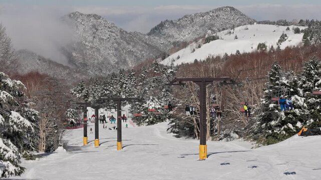 Handheld video of ski lift and piste at Yokoteyama, Shiga Kogen, Japan in winter