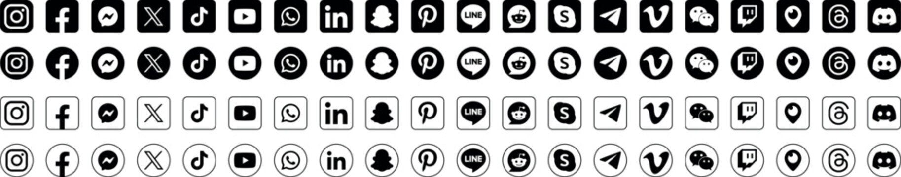Social media logotype set. Facebook instagram twitter youtube snapchat whatsap pinterest linkedin vimeo tiktok periscope behance reddit logo set. Social network icons vector