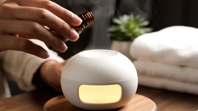 Person Using Essential Oil Diffuser at Home.