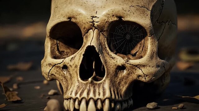 skull on autumn leaves in moody dark setting