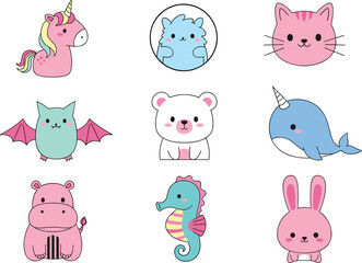 Cute Pastel Fantasy Animal Characters Set with Unicorn, Narwhal, Dragon, Bear, Cat and Bunny Cartoon Vector Illustration © Priyanka