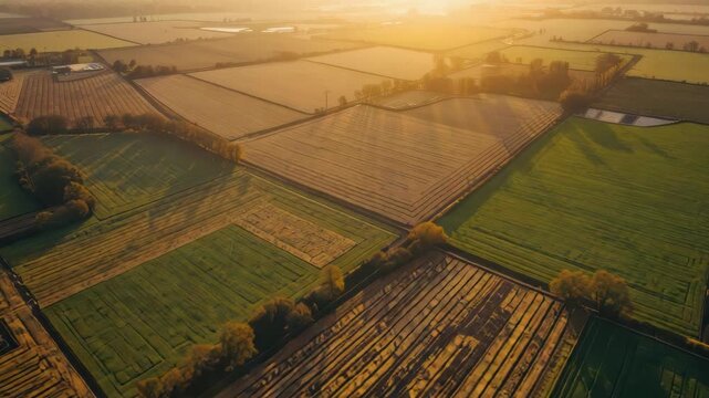 Golden aerial farmland sunset with patchwork fields hedgerow lines and tree shadows