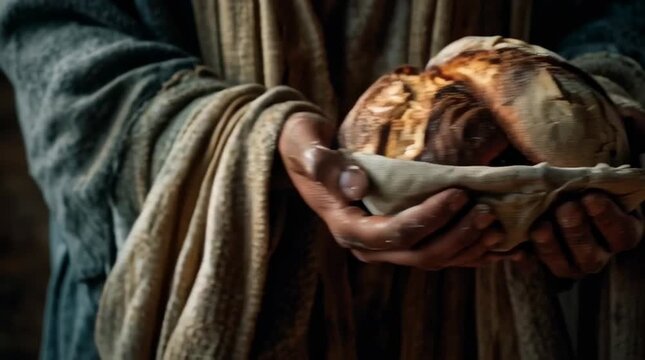 Hands holding two loaves of rustic bread wrapped in cloth