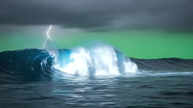 stormy ocean wave with lightning and green aurora