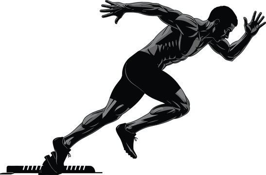 High-contrast black and grey illustration of a male sprinter exploding out of starting blocks in a powerful track and field start pose