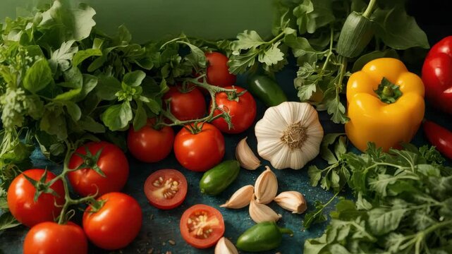 Ripe tomatoes vine garlic jalapeno bell pepper herb parsley fresh tomatoes garlic cloves vibrant
