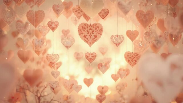 Hanging patterned heart ornaments romantic warm bokeh glowing lights floating dreamy atmosphere