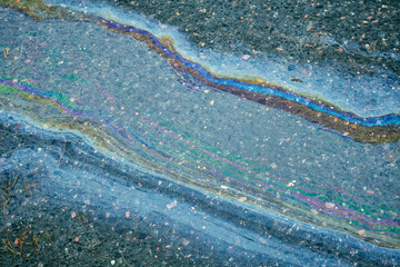 Iridescent oil slick floating on a puddle of water, creating colorful rainbow patterns on the wet asphalt texture