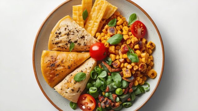 Grilled chicken, roasted corn, cherry tomato, fresh greens, basil, corn kernels salad bowl with
