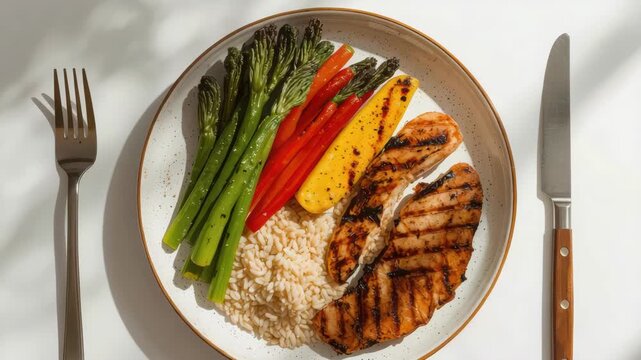 Grilled chicken brown rice broccolini red pepper yellow squash grilled vegetable plated sunlight