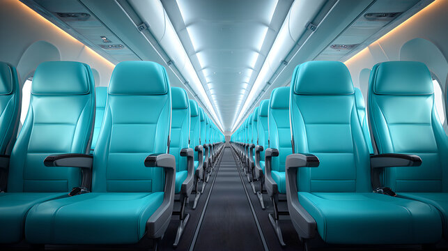 Symmetrical view of empty teal blue airplane seats inside a modern cabin
