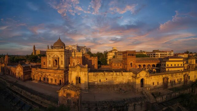 Majestic sunlit sandstone palace and courtyard at golden sunset with dramatic sky clouds
