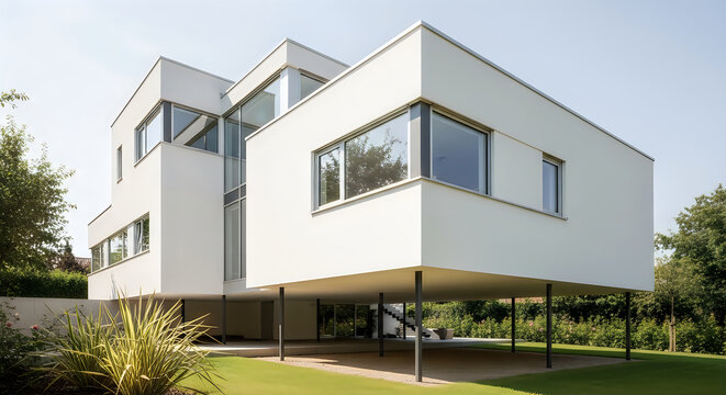 Contemporary white house on stilts with large windows and lush greenery