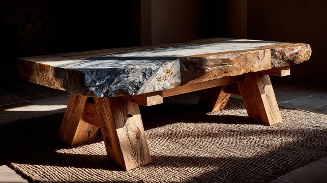 Rectangular ivory marble dining table with solid oak legs in cozy living room, elegant functional design with warm lighting, textured rug, and comfortable home atmosphere.