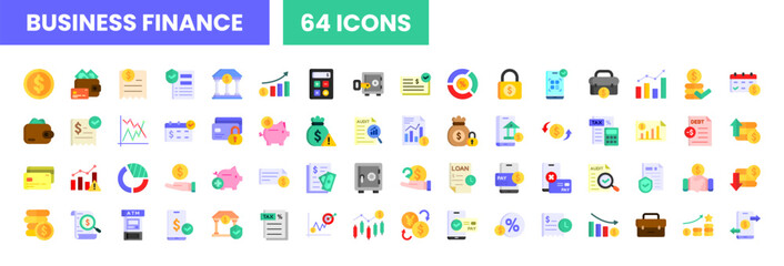 Business financial color icon pack. Modern office symbol collection