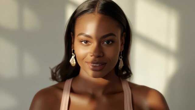 Elegant woman portrait indoors with warm window light, smiling, wearing dangling earring and tank