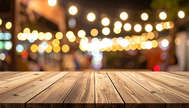 A wooden table with blurred city lights in the background