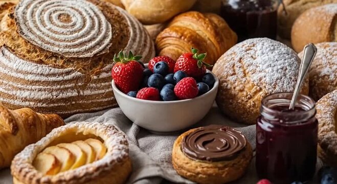 Assortment of fresh baked bread pastries berries and jam on a rustic wooden table for breakfast