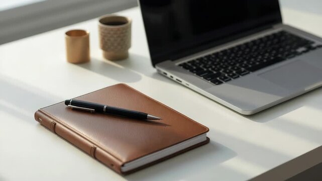 Brown leather notebook pen laptop coffee cup workspace desk sunlight shadow minimal productivity