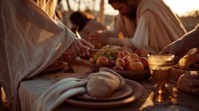 Last supper scene with bread, wine glass, fruit, and disciples at sunset
