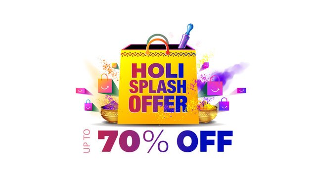 Colorful festive Holi background with Holi splash Sale 70% off logo and shopping bag vector illustration.
