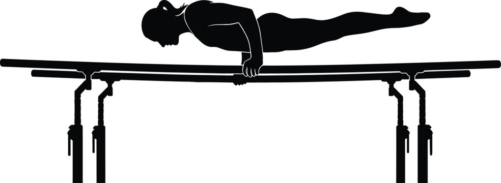 Black silhouette illustration of a female gymnast performing a planche strength hold on parallel bars against a white background