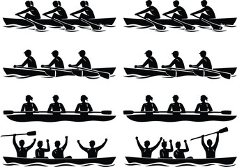 Rowing Team Silhouettes Collection Featuring Kayaking, Canoeing, Competitive Crew Racing and Paddling Athletes in Water Sports Action Illustration Set © MSTMARIOM