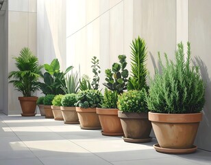 Fototapeta premium Row of green potted plants and shrubs in terracotta pots on a sunny terrace. Minimalist outdoor garden design.