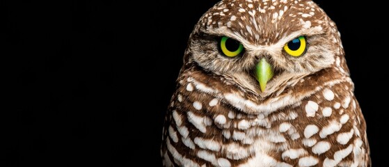 Fototapeta premium Burrowing owl portrait with intense yellow eyes gazing forward on a black background with copy space, ideal for wildlife education and nature magazine editorial use
