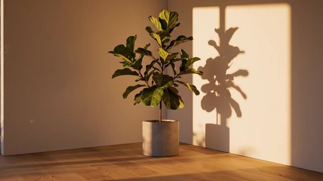 A potted fiddle leaf fig tree sits on a wooden floor in a room with a white wall and a window casting a shadow of another plant.