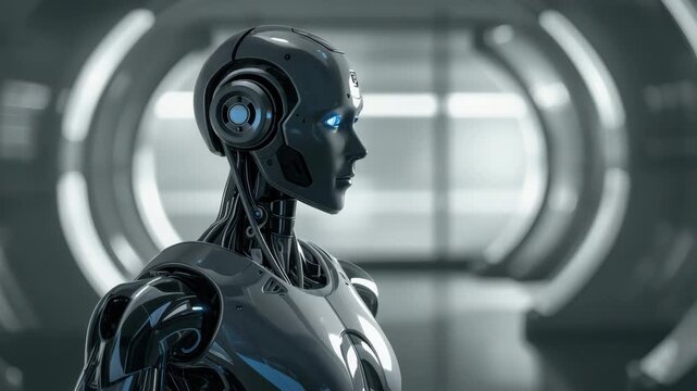 Futuristic humanoid android robot with glowing blue eyes sleek blue corridor, calm and intelligent