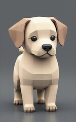 Naklejka premium Low-poly puppy with soft beige fur, large black eyes, standing on gray background.