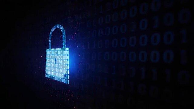 Secure digital padlock binary code glowing blue and digital security lock icon conveying protection