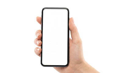 Woman hand holding smartphone front view isolated on transparent background