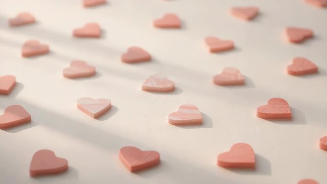 Pink heart candy pattern on pale surface with soft sunlight pastel shadows and warm mood