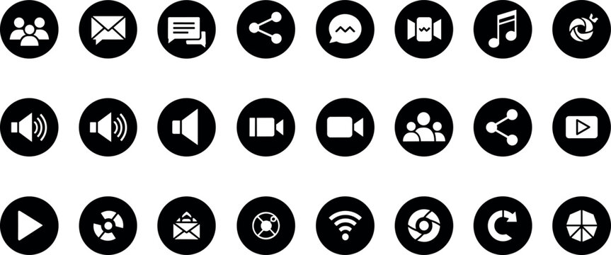 Solid circular media and social icon set featuring audio, video, messaging, sharing, playback controls, music, wireless, and user interface symbols for modern applications