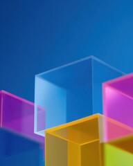 Obraz premium Abstract glass cubes forming a colorful geometric grid for a modern technology background with copy space suitable for corporate branding and digital hardware concepts
