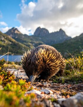 Echidna Foraging in Scenic Mountain Landscape - A Wildlife Photography Masterpiece.