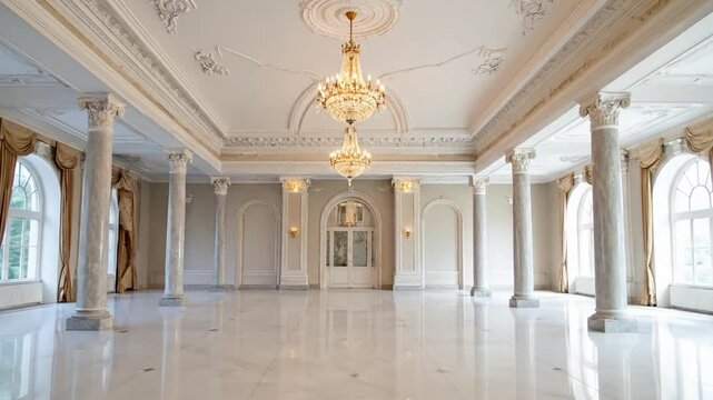 Empty luxurious grand hall with ornate chandeliers, classical columns, and reflective marble floor.