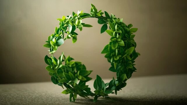 Green leaf wreath arranged in circular foliage frame conveying natural freshness calm serene mood