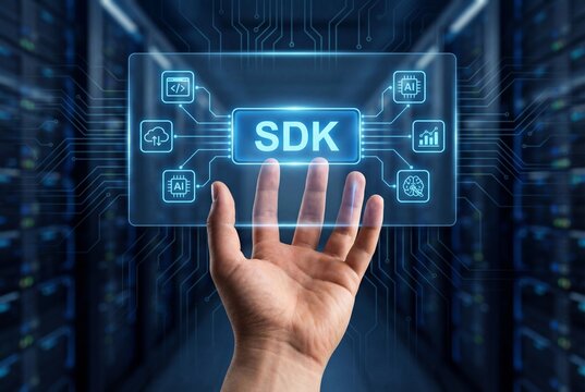 A hand holds a glowing holographic SDK software development kit interface